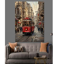 Yağmurlu Şehirde Kırmızı İstanbul Tramvayı Dekoratif Kanvas - Mdf Ahşap Tablo