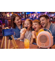 Çocuk Karaoke Mikrofon Seti Bluetooth Hoparlör Ahşap Tripod Telefon Standlı Retro Pembe Karaoke