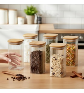 6'lı Set 425 ml Bambu Kapaklı Kare Cam Kavanoz - 6x12 cm Vakumlu Uzun Boy Şeffaf Erzak Kabı Kahve Çay Baharatlık ve Mutfak Düzenleyici Organizer Saklama Kutusu