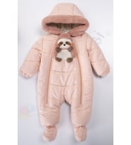 Panda İçi Peluş Patikli Kar Kapüşonlu Kışlık Kız Erkek Bebek Astronot Tulum Kozmonot Mont Çocuk (Pembe)