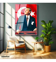 Gümüş Renk Metal Çerçeveli Tamperli Cam Tablo Atatürk Ufka Bakış Atatürk Tablosu Duvar Dekoru