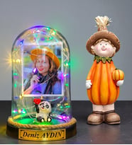 Size Özel Fotoğraflı Yazılı Renkli Led Işıklı Fanus ve Bal Kabağı Biblosu (Model 8)