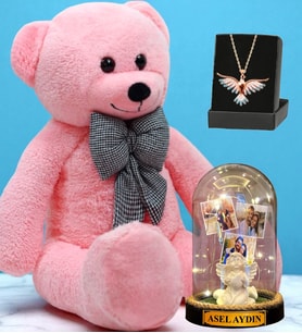 Pembe Peluş Ayıcık, Kişiye Özel Led Işıklı Fanus ve Renkli Zümrüdü Anka Kuşu Kolye (Model 2)