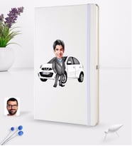 BK Gift Kişiye Özel Plakalı Erkek Nissan Micra Karikatürlü Beyaz Termo Deri Defter 16x24cm Model 1