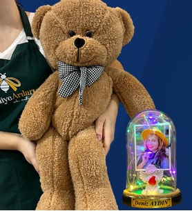 Kişiye Özel Renkli Led Işıklı Fanus ve Büyük Boy Kahverengi Peluş Ayıcık (Model 2)