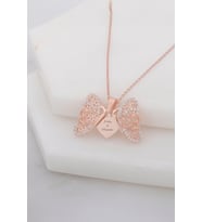 Rose Renk Beyaz Zirkon Taşlı İsimli Kelebek Gümüş Bayan Kolye