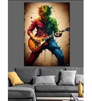 Gitar Çalan Renkli Modern Sanatçı Dekoratif Kanvas - Mdf Ahşap Tablo
