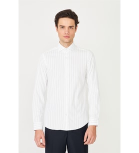 Beyaz Mavi Çizgili Uzun Kollu Gömlek Slim Fit