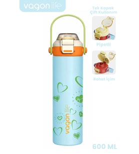 600 ML Tek Kapak Çift Kullanım Pipetli Rahat İçim Kulplu Paslanmaz Çelik Termos ff1111-600ML