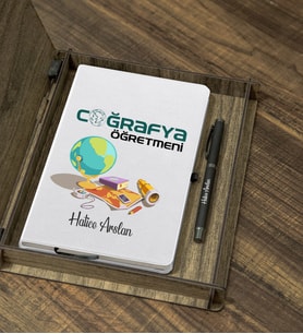 Kişiye Özel  Coğrafya Öğretmeni Tasarımlı Ahşap Kutulu Ajanda Kalem Seti (Beyaz)