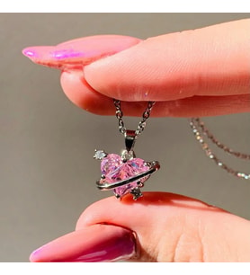 Aşk Gezegeni Kolye Pembe Kalp Taşlı (Altın-Gümüş)