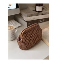 Kadın Kahverengi El Örgüsü Hasır Clutch Çanta 25 x 20
