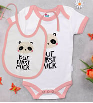 BK Kids But First Milk Tasarımlı Pembe Bebek Body Zıbın ve Mama Önlüğü Hediye Seti-1