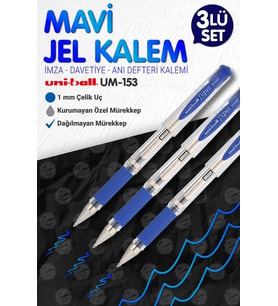 Uni-Ball Um-153 Signo Broad Roller Kalem Mavi 3 Adet1.0 mm Davetiye Kalemi /Mavi Yazan Davetiye Anı Defteri Kalemi / İmza Kalemi / Jel Kalem -T995