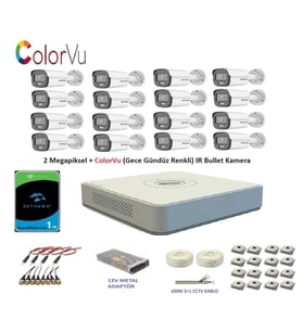 Hikvision 2mp 16 kameralı Dış ortam AHD HD-TVI ColorVu Gece Renkli Kamera Seti 1TB Disk