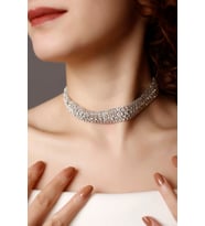 Kadın 5 Sıralı Taşlı Silver Choker Kolye, Taşlı Choker, Su Yolu Choker Kolye Gümüş Kaplama Choker