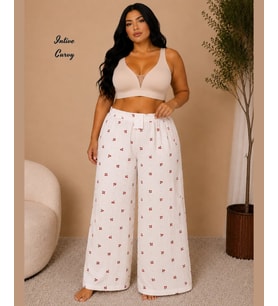 Intive Curvy Müslin Kumaş Nefes Alan Büyük Beden Kiraz Desenli Pamuklu Yazlık Pantolon (XL-3XL)