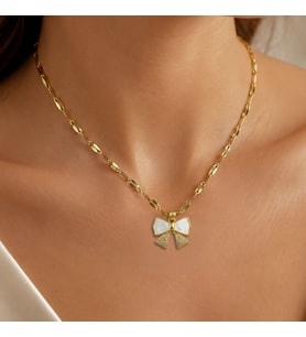 BK Gift Fiyonk Figürlü Sedef Detaylı Taşlı Kadın Kolye - Kararma Yapmayan Gold Çelik Kolye