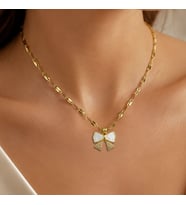 BK Gift Fiyonk Figürlü Sedef Detaylı Taşlı Kadın Kolye - Kararma Yapmayan Gold Çelik Kolye