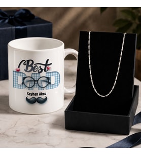 BK Gift Kişiye Özel Babalar Günü Tasarımlı Beyaz Kupa & Yaprak Model Zincir Kolye -7, Babalar Günü Hediyesi