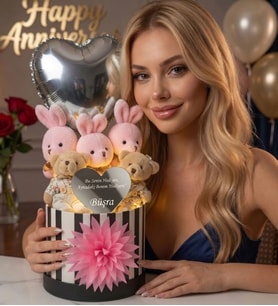 Kişiye Özel İsim Yazılı Kalp Aynalı-Balonlu LED Işıklı Peluş Pembe 5'li Ayıcık Buketi  Sevgiliye, Arkadaşa Hediye