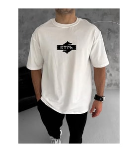 Unisex Bisiklet Yaka Baskılı Double Oversize T-Shirt - Beyaz