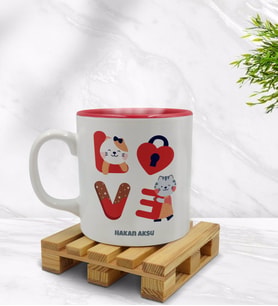 BK Gift Kişiye Özel Love Tasarımlı İçi Kırmızı Renkli Kupa Bardak Model 1