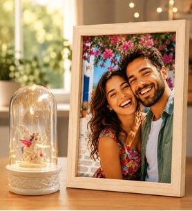 Kişiye Özel Fotoğraflı Ahşap Çerçeve ve LED Işıklı Unicornlu Fanus Sevgiliye Hediye