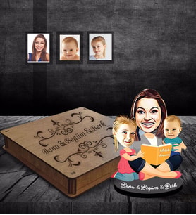 Kişiye Özel Anneler Günü Anne Erkek Kız Kardeş Karikatürlü Ahşap Kutulu Biblo Model-1