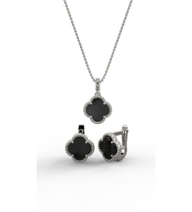 925 Ayar Oniks Taşlı Rodyum Van Cleef Yonca Kolye Küpe 2'li Gümüş Set-Takım