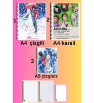 anohana 3 adet defter seti A4 büyük boy 72 sayfa çizgili_kareli + A5 çizgisiz defter seti