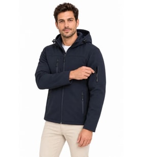 Erkek Su Geçirmez Softshell İçi Polar Astarlı Çıkarılabilir Kapüşonlu 4 Cepli Mont Ceket - Lacivert