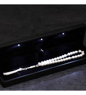 Premium Parlak ve Şık Hediyelik Işıklı Kutulu Desenli Yuvarlak 925 Ayar Gümüş Tesbih