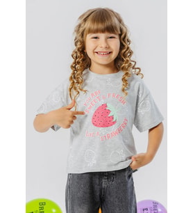 Breeze Kız Çocuk Tişört Crop Çilek & Yazı Baskılı 6-12 Yaş, Açık Gri Melanj