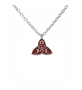 Triquetra ve Güneş-Ay-Yıldız-Pentagram Figürlü Kırmızı Kolye – 60 cm Zincirli, Gotik & Unisex Takı (Gümüş)