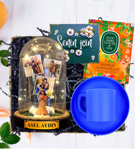 İsimli, 3 Fotoğraflı ve Işıklı Fanus & Mavi Kahve Fincanı  Kişiye Özel Premium Set (Model 9)