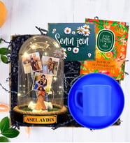 İsimli, 3 Fotoğraflı ve Işıklı Fanus & Mavi Kahve Fincanı  Kişiye Özel Premium Set (Model 9)