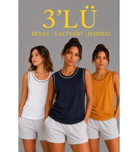 3’lü Kolsuz Sporcu Atlet Seti Yazlık Bisiklet Yakalı - Beyaz, Lacivert, Hardal