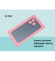 Tkgz - iPhone 15 PRO Arka Pil Batarya Kapağı - Cam kapak Geniş Lens Deliği - MAVİ