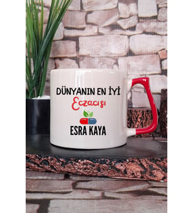 Dünyanın En İyi Eczacısı Baskılı Kişiye Özel Eczacı Hediyelik Kırmızı Kulplu Kupa Bardak