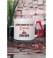 Dünyanın En İyi Eczacısı Baskılı Kişiye Özel Eczacı Hediyelik Kırmızı Kulplu Kupa Bardak