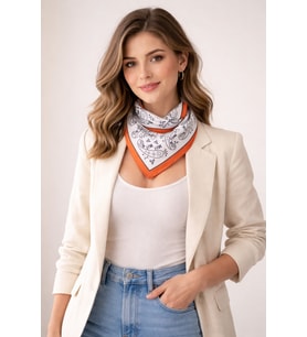 Turuncu Kenarlı Paisley Desenli Saten Fular 48x48 cm Kare Bandana