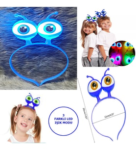 Led Işıklı & Pilli 3 Farklı Modda Yanan Uzaylı Göz Parti Tacı Mavi Renk 18x12 cm