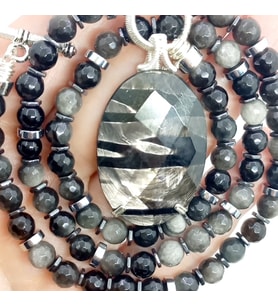 2267 Hypersthene gümüş Obsidyen el yapımı kolye