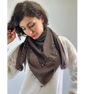 BONCUK İŞLEME EL OYASI EŞARP ŞAL FULAR 100X100 CM (Kahverengi)