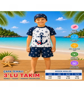 Erkek Çocuk Beyaz Şapkalı Mayo Takımı - 3 Parça