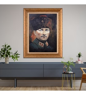 Altın Varaklı Çerçeveli Paspartulu Atatürk Tablo TR1011 (Gold)