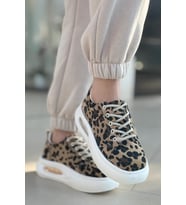 Günlük Kadın Sneaker Örgü Bağcıklı Hafif Kalın Yüksek Balon Taban Yürüyüş Spor Ayakkabı 5750 (Leopar)