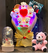 Kişiye Özel Renkli Led Işıklı Ayıcık Buketi Seti (Işıklı Unicornlu Fanus) (Model 5)