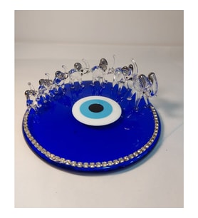 El Yapımı Cam Mavi Nazar Taşlı Boncuk Üzerinde Platin Gümüş Renk Yedili Fil 15x6,5cm